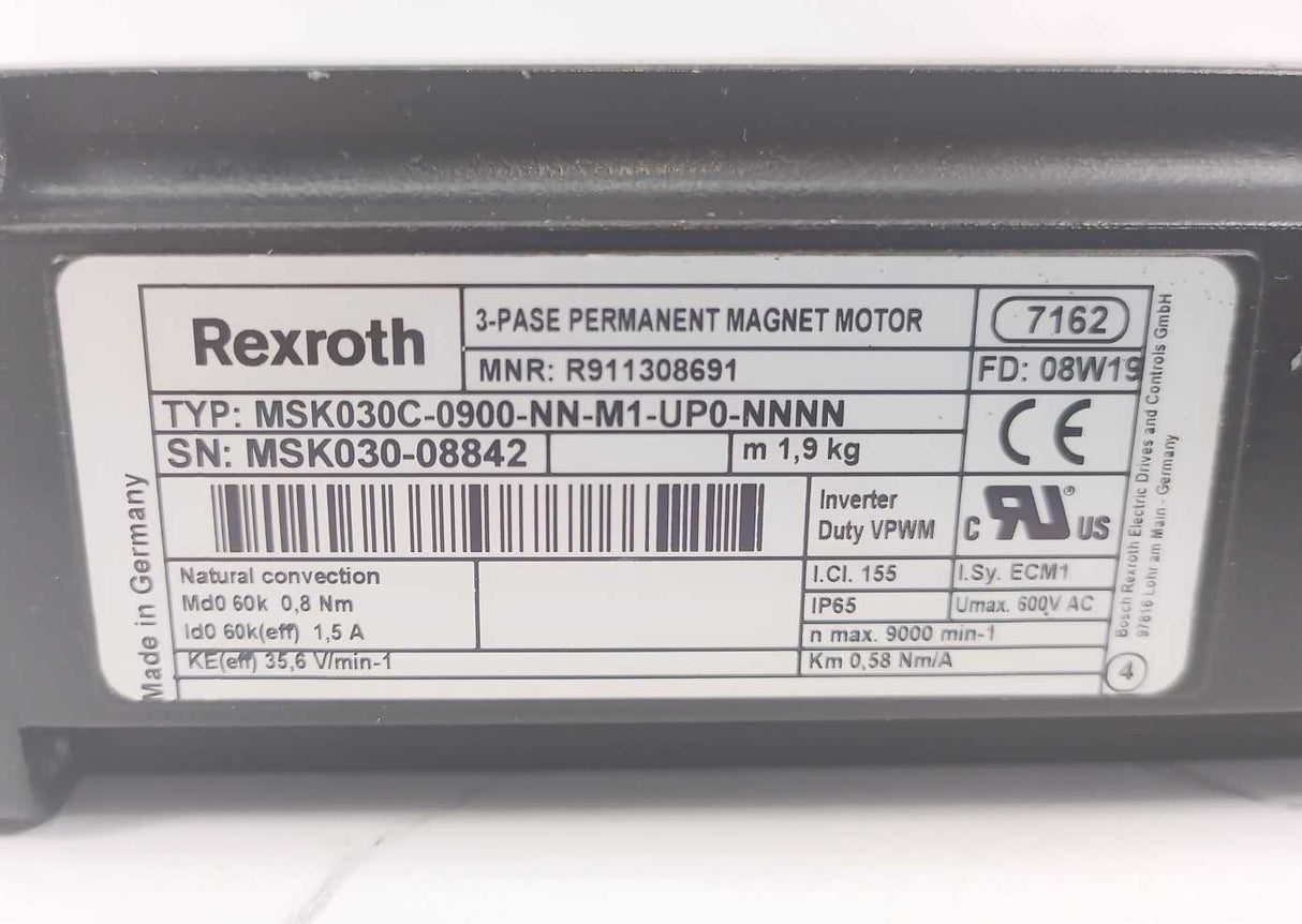Rexroth R911308691 MSK030C-0900-NN-M1-UP0-NNNN 3-Phase Permanent Magnet Motor