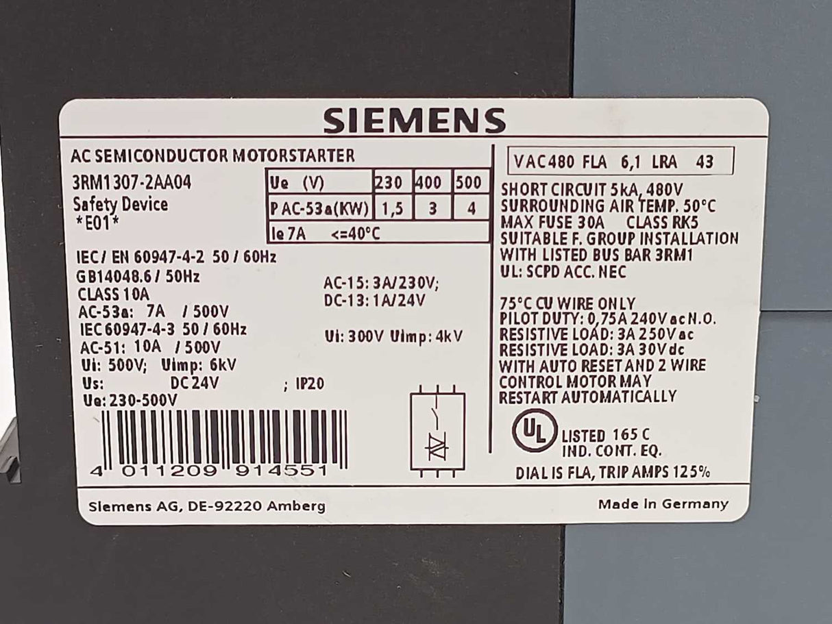 Siemens 3RM1307-2AA04 Failsafe Reversing Starter