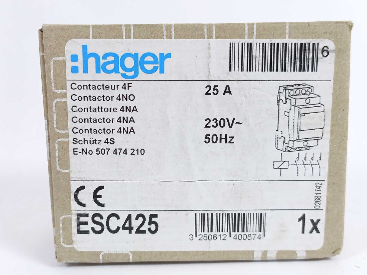 hager ESC425 4-pole Modular Contactor, 25 A, 230 V AC