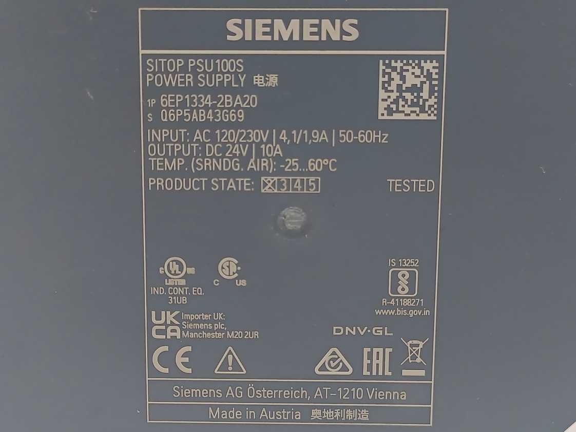 Siemens 6EP1334-2BA20 SITOP PSU100S Power Supply DC 24V/10A