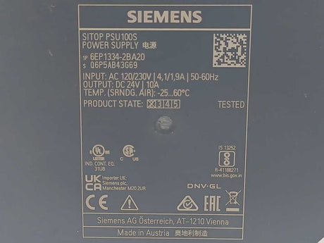 Siemens 6EP1334-2BA20 SITOP PSU100S Power Supply DC 24V/10A