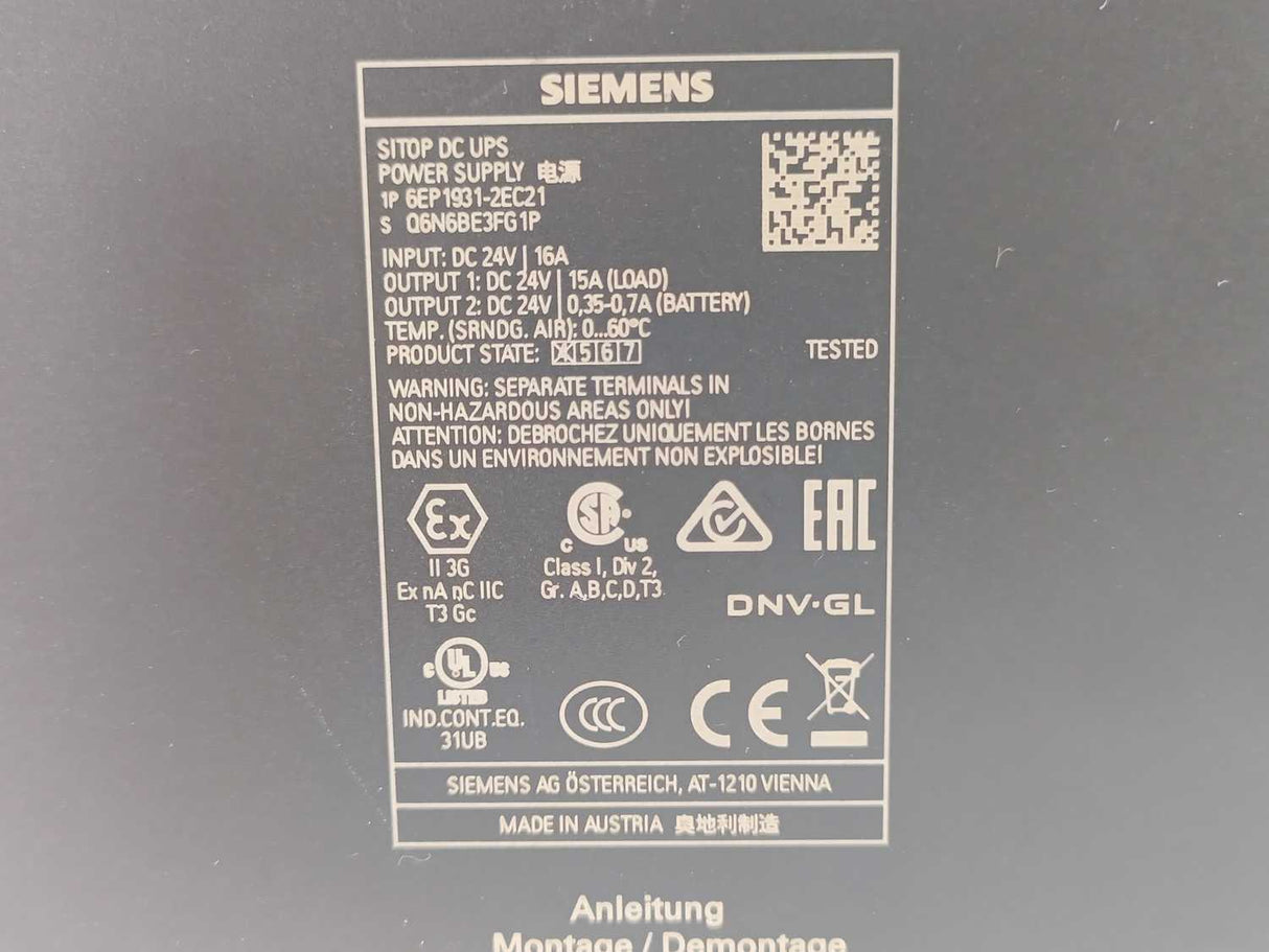 Siemens 6EP1931-2EC21 DC 24V/16A Power Supply
