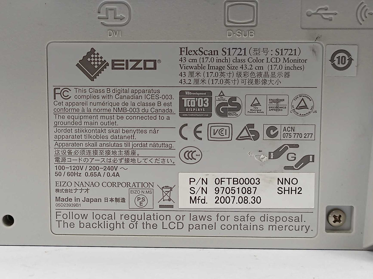 EIZO 0FTB0003 FlexScan S1721 Color LCD Monitor 43 cm