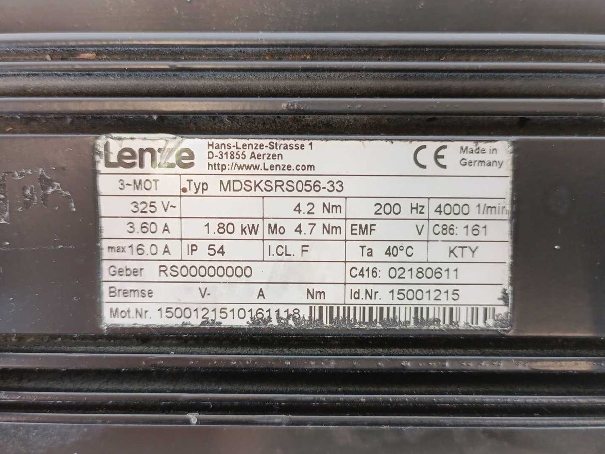 LENZE MDSKSRS056-33 15001215 Servo Motor 1.8kW 325V, 4.2Nm, 200Hz, 4000r/min