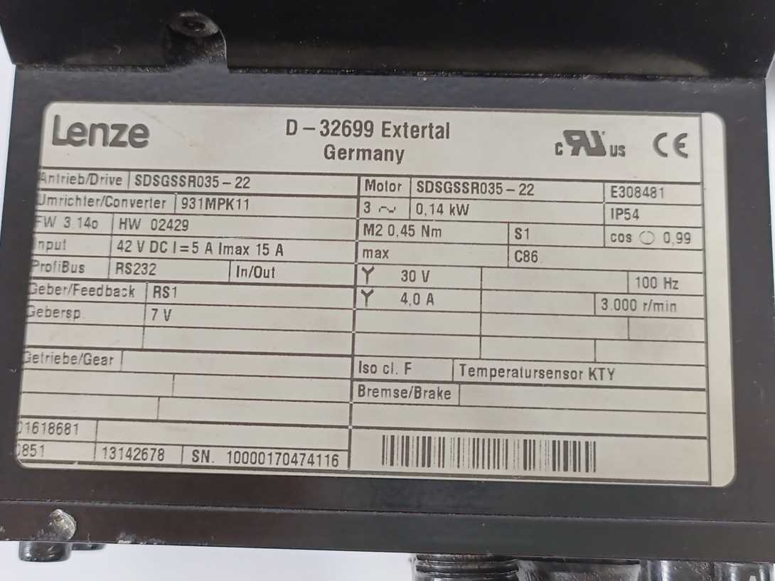 LENZE SDSGSSR035-22 Motor 0,14kW 0,45Nm 42VDC 5A