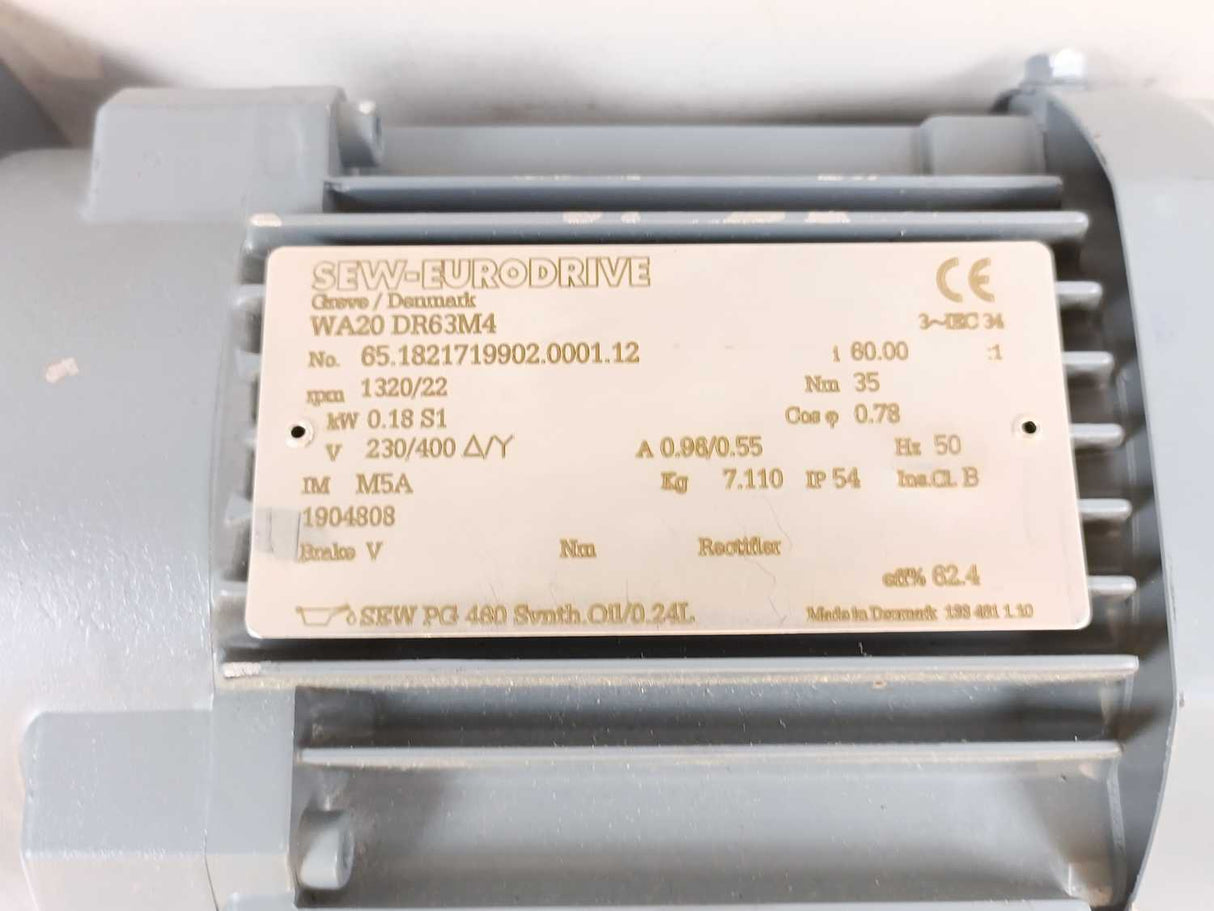 SEW-EURODRIVE 65WA20 DR63M4 RPM:1320/22 V:230/400 kW:0.18 S1