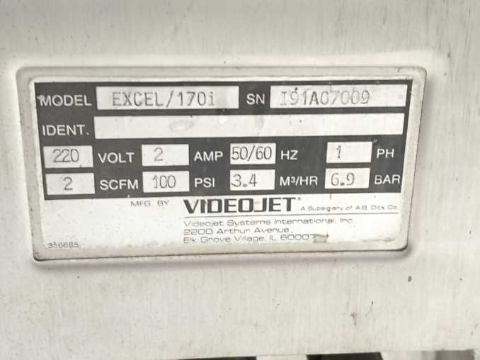 VideoJet EXCEL/170i Ink Jet Marking Machine, 220V, 2A, 50/60Hz, For Spare Parts