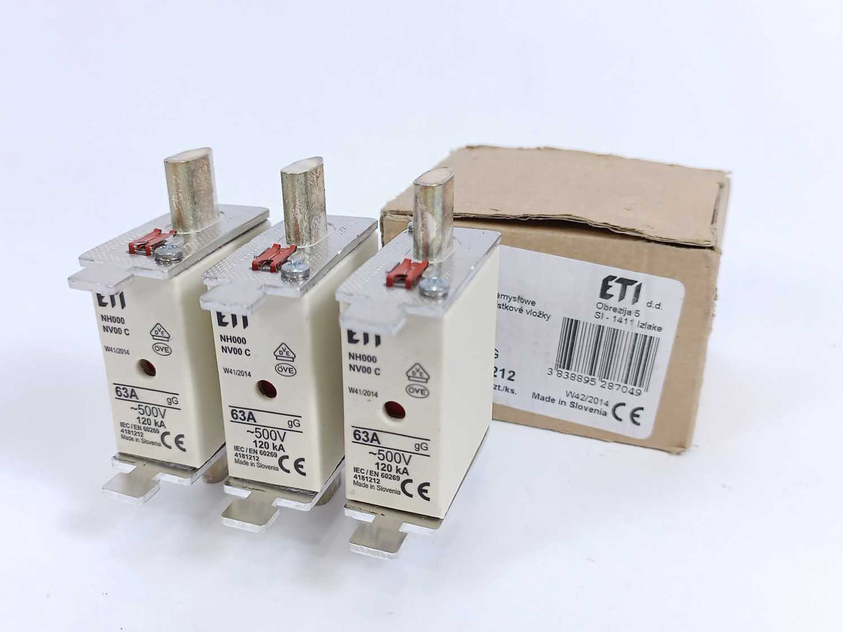 ETI 004181212 Fuse Links 63A 500V NH000 NV00 C 3Pcs.