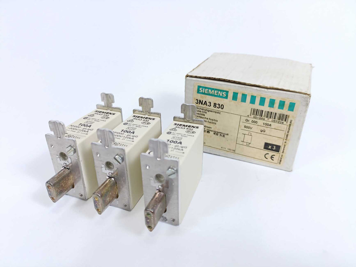 Siemens 3NA3 830 Fuse 100A 500V gL/gG NH000 120kA 3 Pcs.