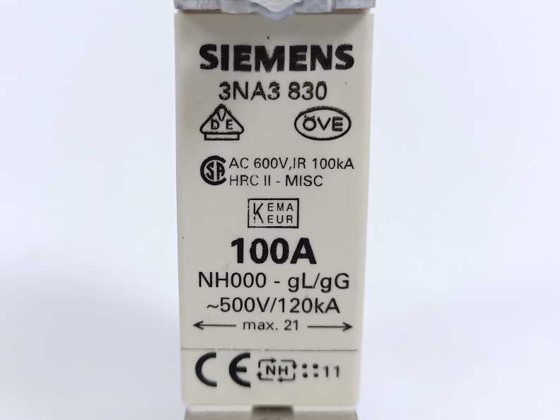 Siemens 3NA3 830 Fuse 100A 500V gL/gG NH000 120kA 3 Pcs.