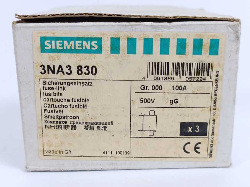 Siemens 3NA3 830 Fuse 100A 500V gL/gG NH000 120kA 3 Pcs.