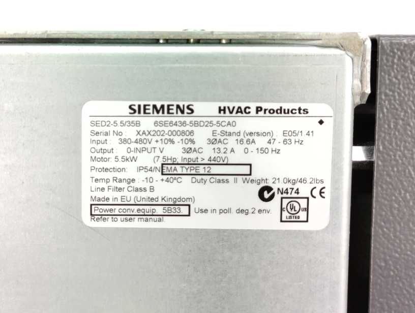 Siemens 6SE6436-5BD25-5CA0 SED2-5.5/35B HVAC Products 5,5kW