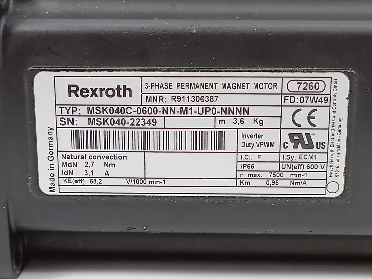 Bosch / Rexroth R911306387 MSK040C-0600-NN-M1-UP0-NNNN Magnet Motor