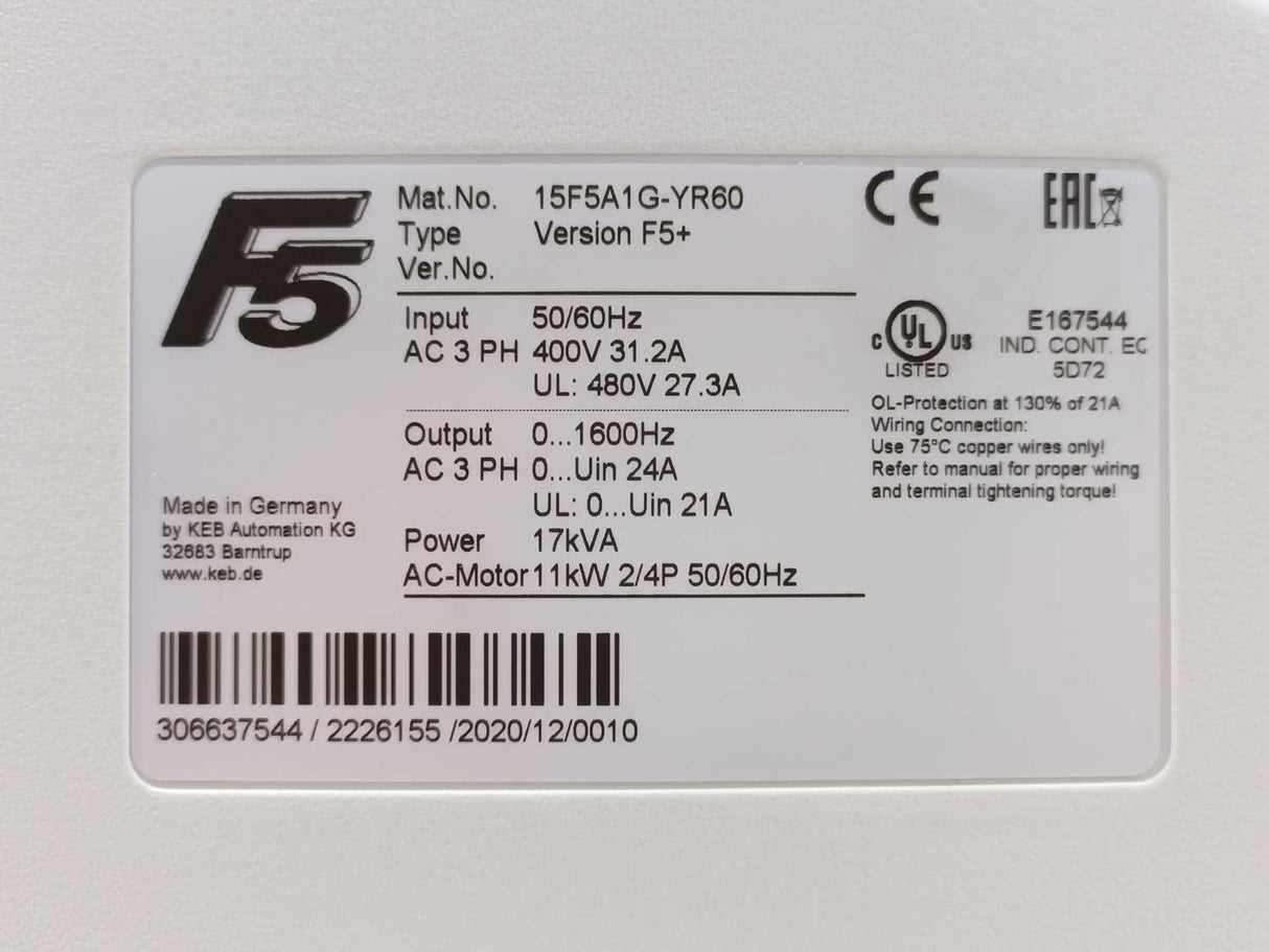 Keb 15F5A1G-YR60 F5, In: 50/60Hz, 400V, 27,3A. Out: 1600Hz 24A