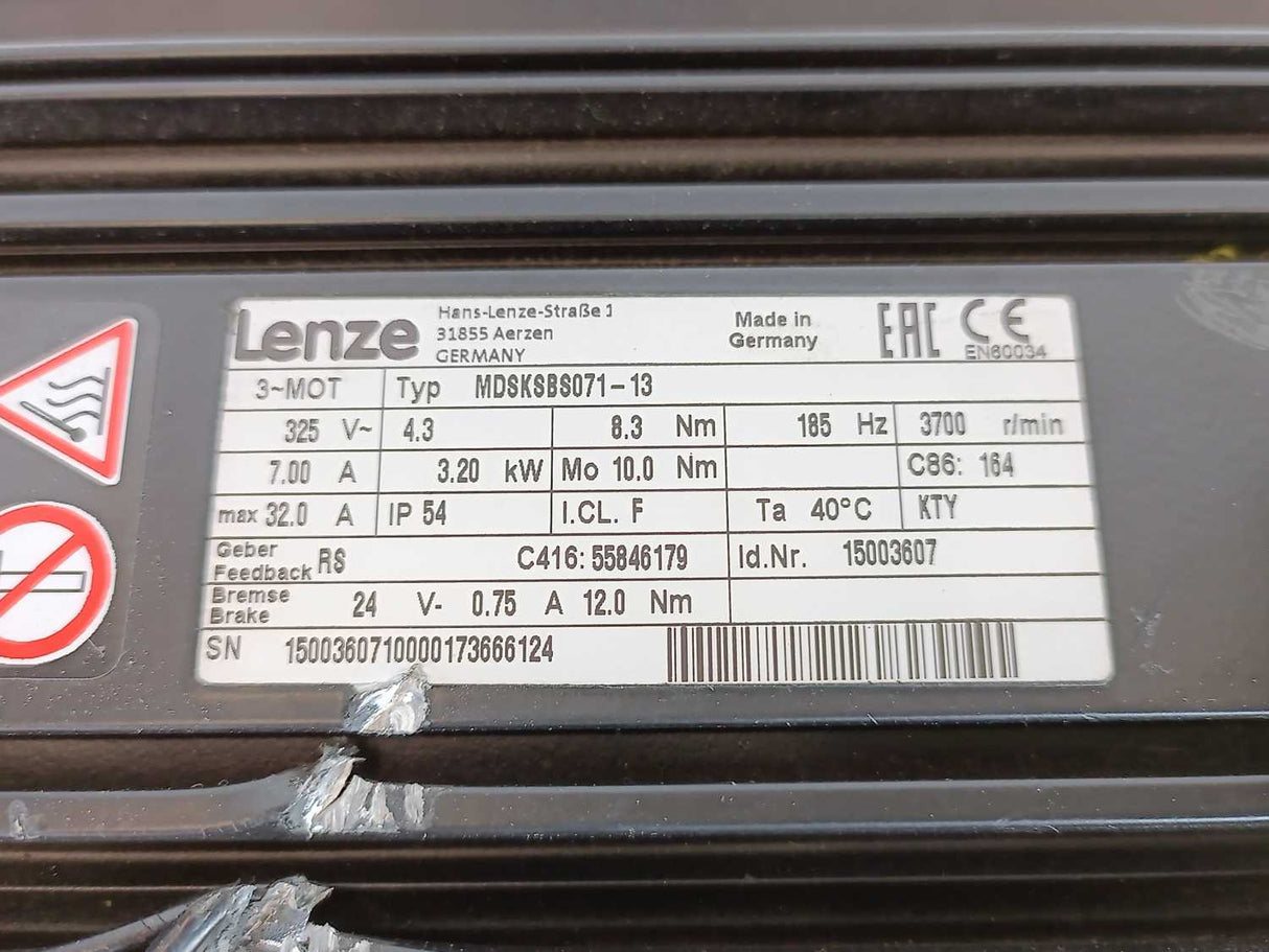 LENZE MDSKSBS071-13 15003607 Servo Motor, 325V, 8.3Nm, 185Hz, 3700 1/min