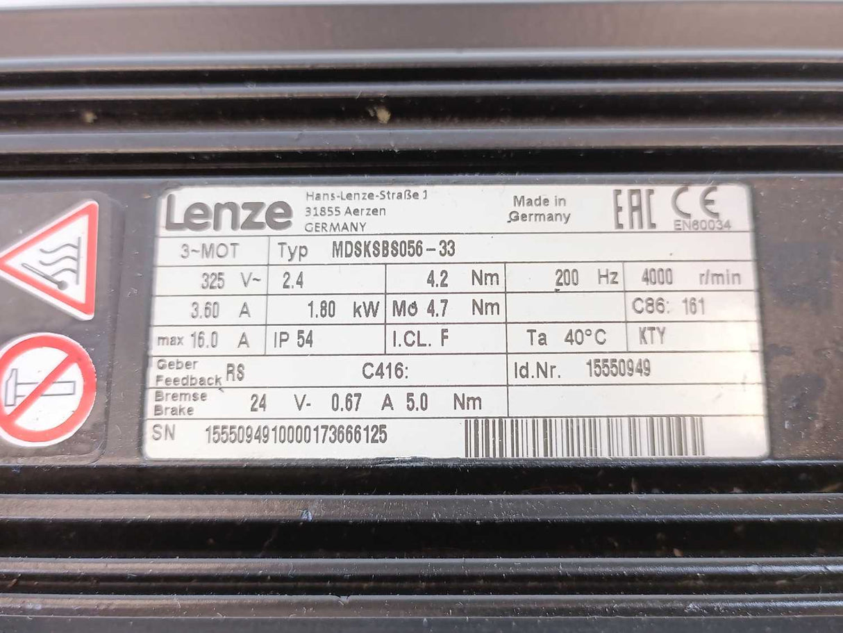 LENZE MDSKSBS056-33 15550949 Servo Motor 325V, 4.2Nm, 200Hz