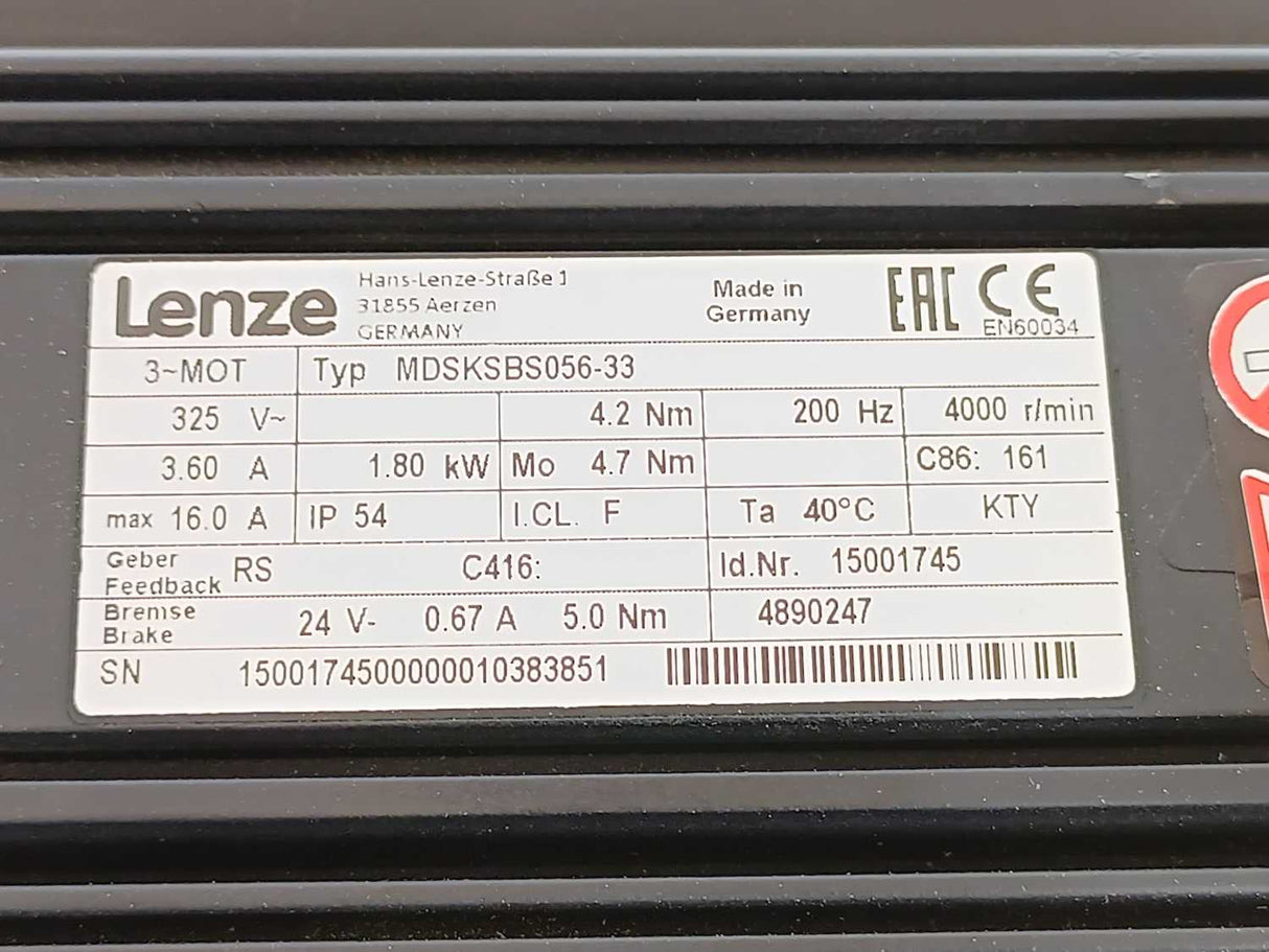 LENZE MDSKSBS056-33 4890247 Servo Motor 325V, 4.2Nm, 200Hz