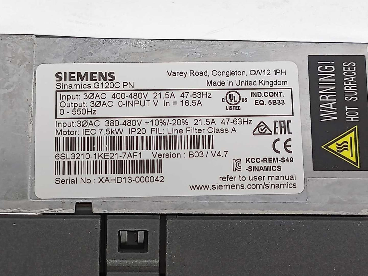 Siemens 6SL3210-1KE21-7AF1 Sinamics G120C PN drive 7.5kW