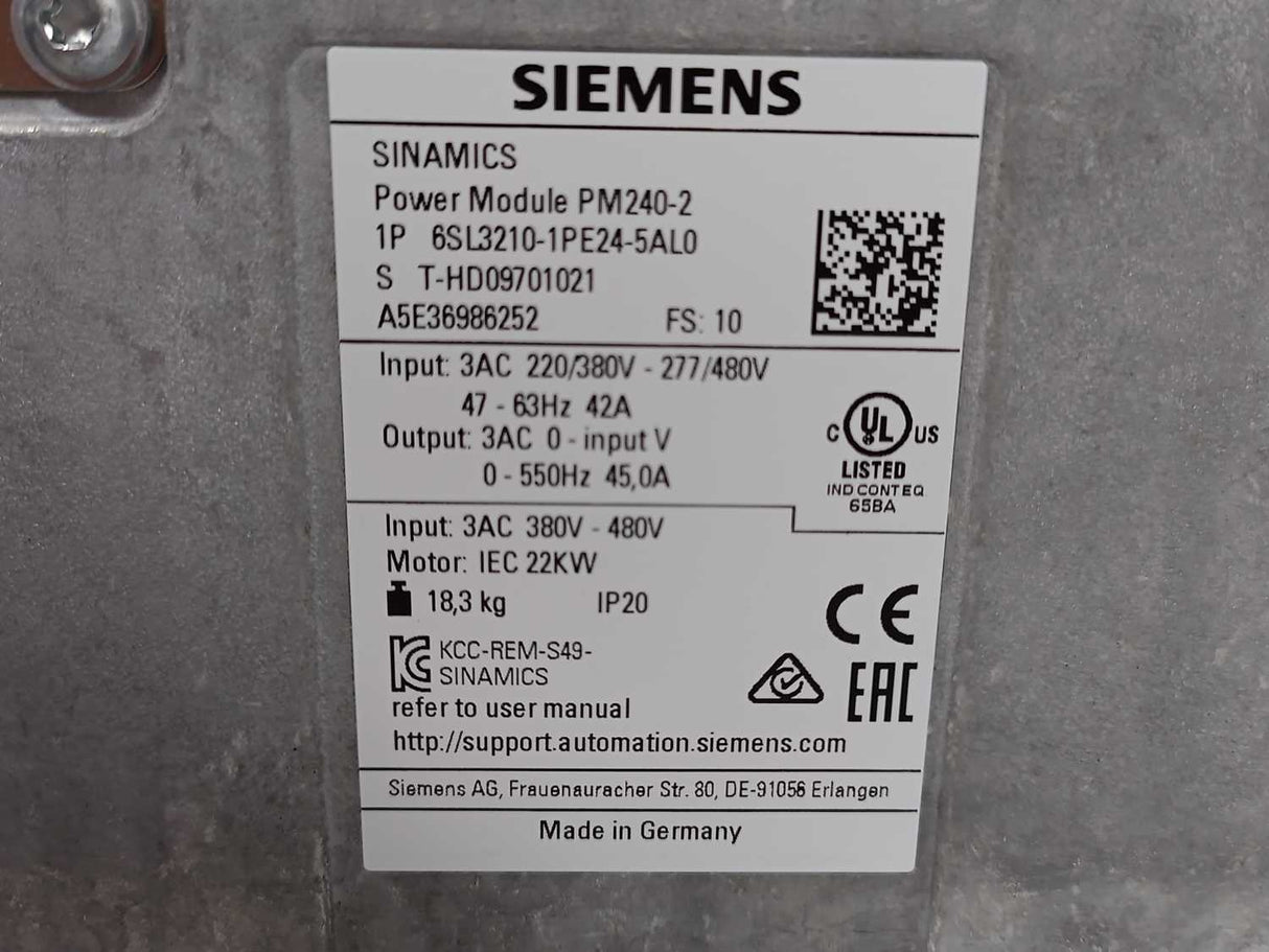 Siemens 6SL3210-1PE24-5AL0 Power Module PM240-2