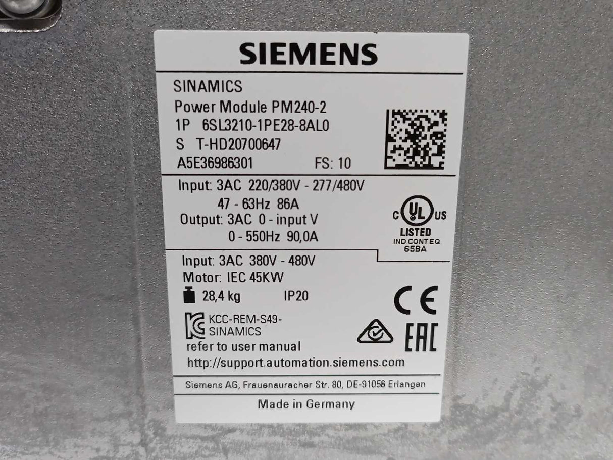 Siemens 6SL3210-1PE28-8AL0 Power Module PM240-2 + 6SL3244-0BB12-1FA0