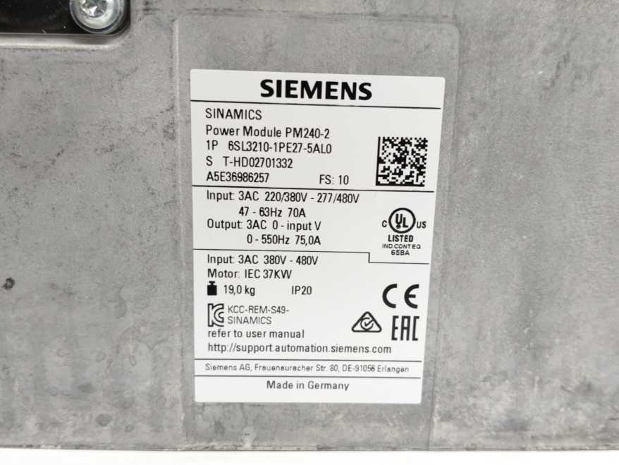 Siemens 6SL3210-1PE27-5AL0 SINAMICS Power Module PM240-2
