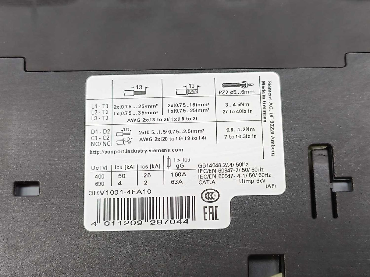Siemens 3RV1031-4FA10 SIRIUS Circuit Breaker