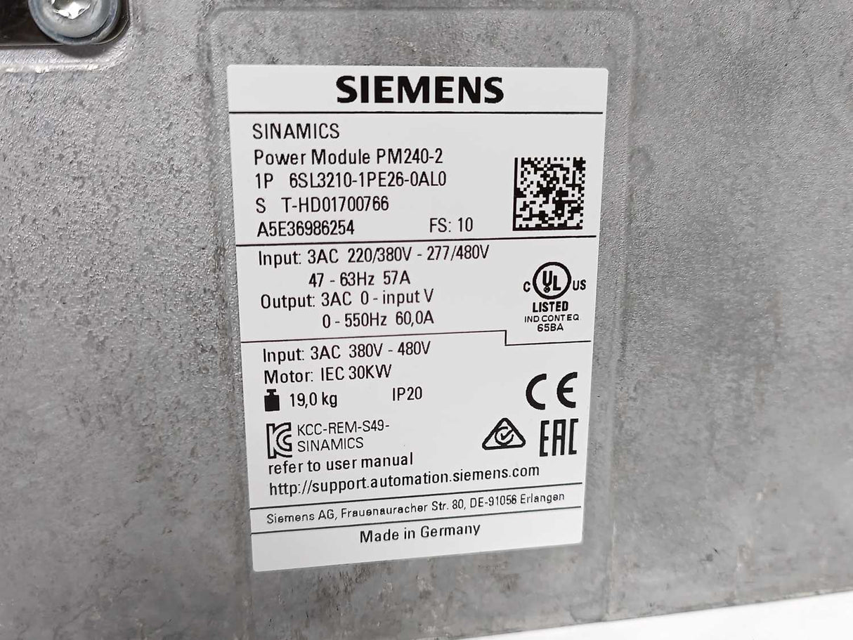 Siemens 6SL3210-1PE26-0AL0 Sinamics Power Module PM240-2