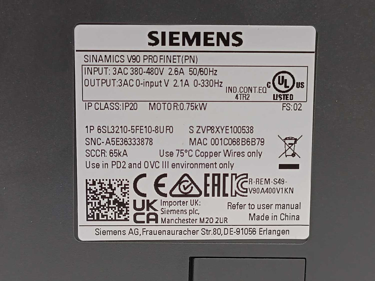 Siemens 6SL3210-5FE10-8UF0 SINAMICS V90 PROFINET (PN)