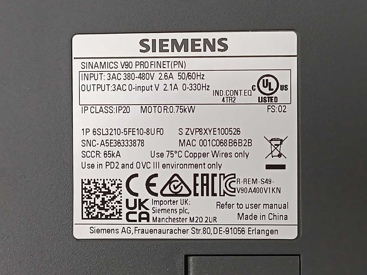 Siemens 6SL3210-5FE10-8UF0 SINAMICS V90 PROFINET (PN)