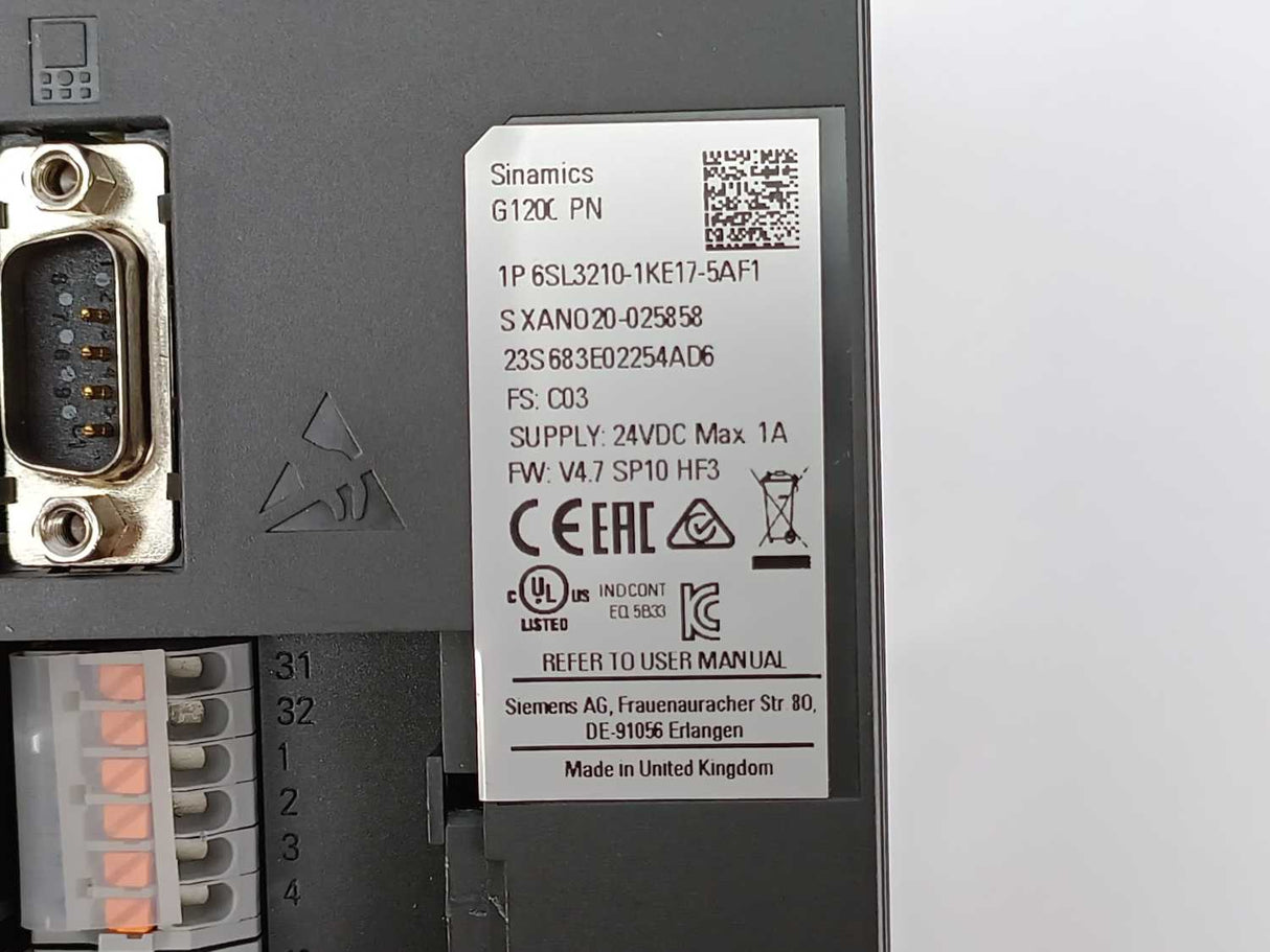 Siemens 6SL3210-1KE17-5AF1 Sinamics G120C PN w/6SL3255-0AA00-4CA1