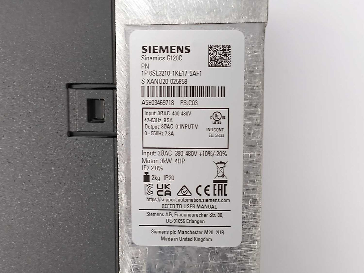 Siemens 6SL3210-1KE17-5AF1 Sinamics G120C PN w/6SL3255-0AA00-4CA1