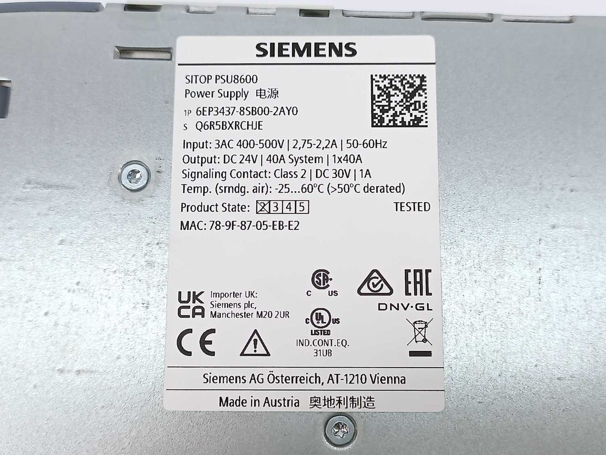 Siemens 6EP3437-8SB00-2AY0 SITOP PSU8600 Power Supply Unit