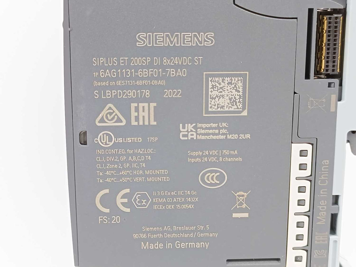 Siemens 6AG1131-6BF01-7BA0 SIPLUS ET 200SP DI w/ 6ES7193-6BP20-0DA0