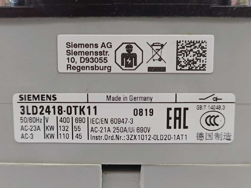 Siemens 3LD2418-0TK11 Load Break Switch – 63 A, 3-Pole, Door-Mounted