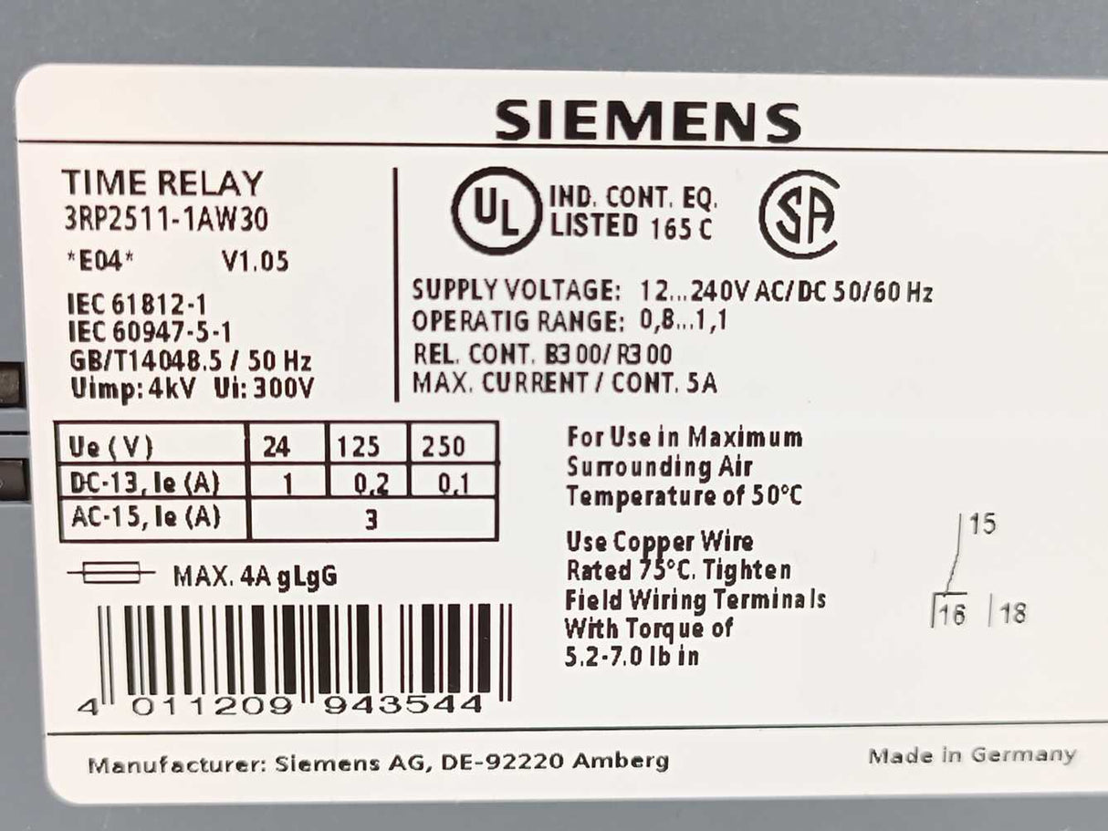 Siemens 3RP2511-1AW30 Time Relay