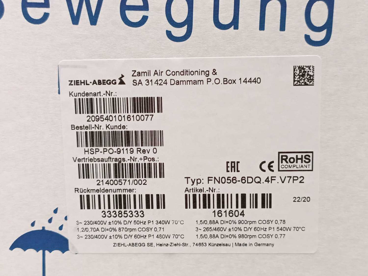 Ziehl-Abegg 161604 FN056-6DQ.4F.V7P2 Axial fan with sickle blades 340W