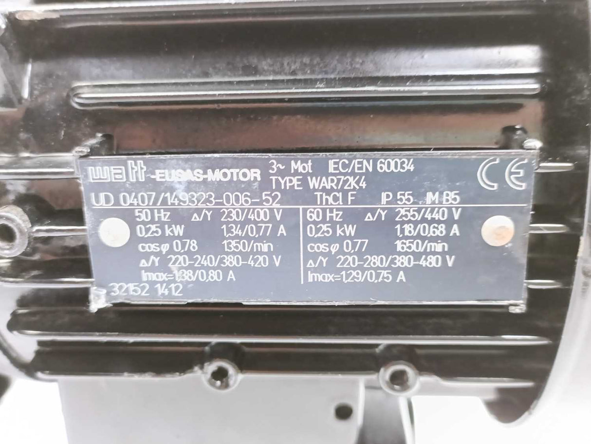 WATT UD 0407/149323-006-52 WAR72K4 3 Phase Motor w/ 4136830 H80 Parallel Shaft