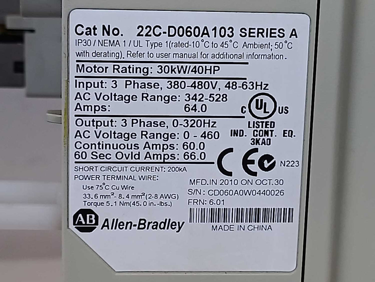 AB 22C-D060A103 Ser. A PowerFlex 400- 30 kW (40 HP) AC Drive