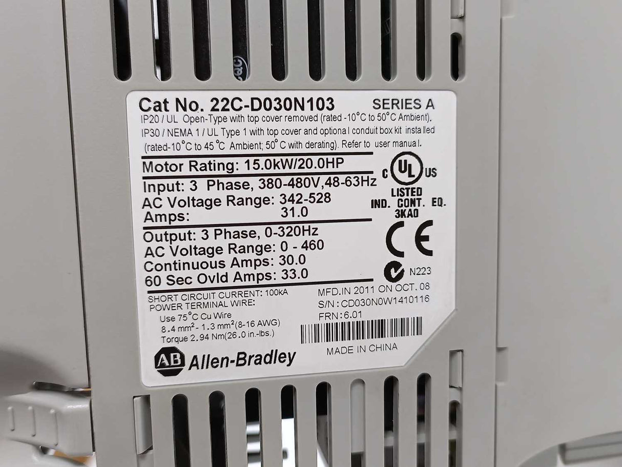 AB 22C-D030N103 Ser. A PowerFlex 400- 15 kW (20 HP) AC Drive