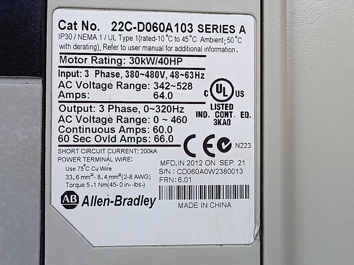 AB 22C-D060A103 Ser. A PowerFlex 400- 30 kW (40 HP) AC Drive. For spare parts