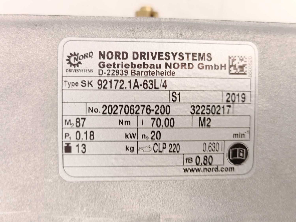 NORD Drivesystems SK92172.1A-63L/4 Geared Motor w/ SK63L/4