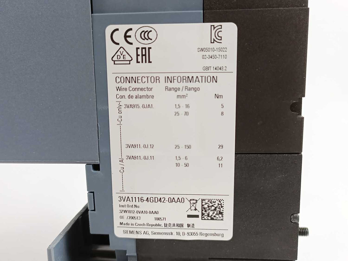 Siemens 3VA1116-4GD42-0AA0 Circuit Breaker