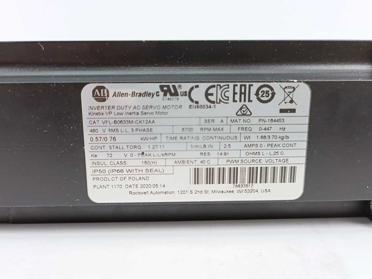 AB VPL-B0633M-CK12AA Kinetix VP Low Inertia/Inverter Duty AC Servo Motor
