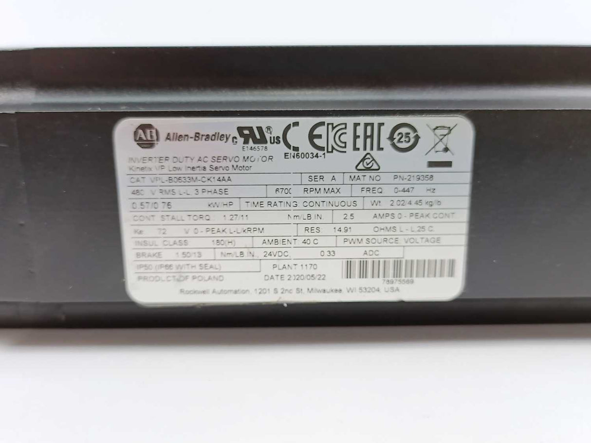 AB VPL-B0633M-CK14AA Kinetix VP Low Inertia/Inverter Duty AC Servo Motor
