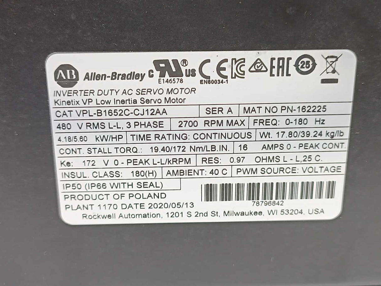 AB VPL-B1652C-CJ12AA Ser. A KINETIX VP Low Inertia Inverter Duty AC Servo motor