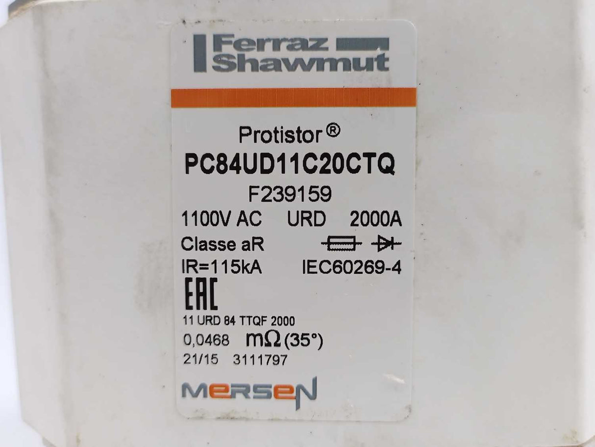 MERSEN PC84UD11C20CTQ Ultra-Rapid Square Fuse 1100 V AC, not used, only mounted