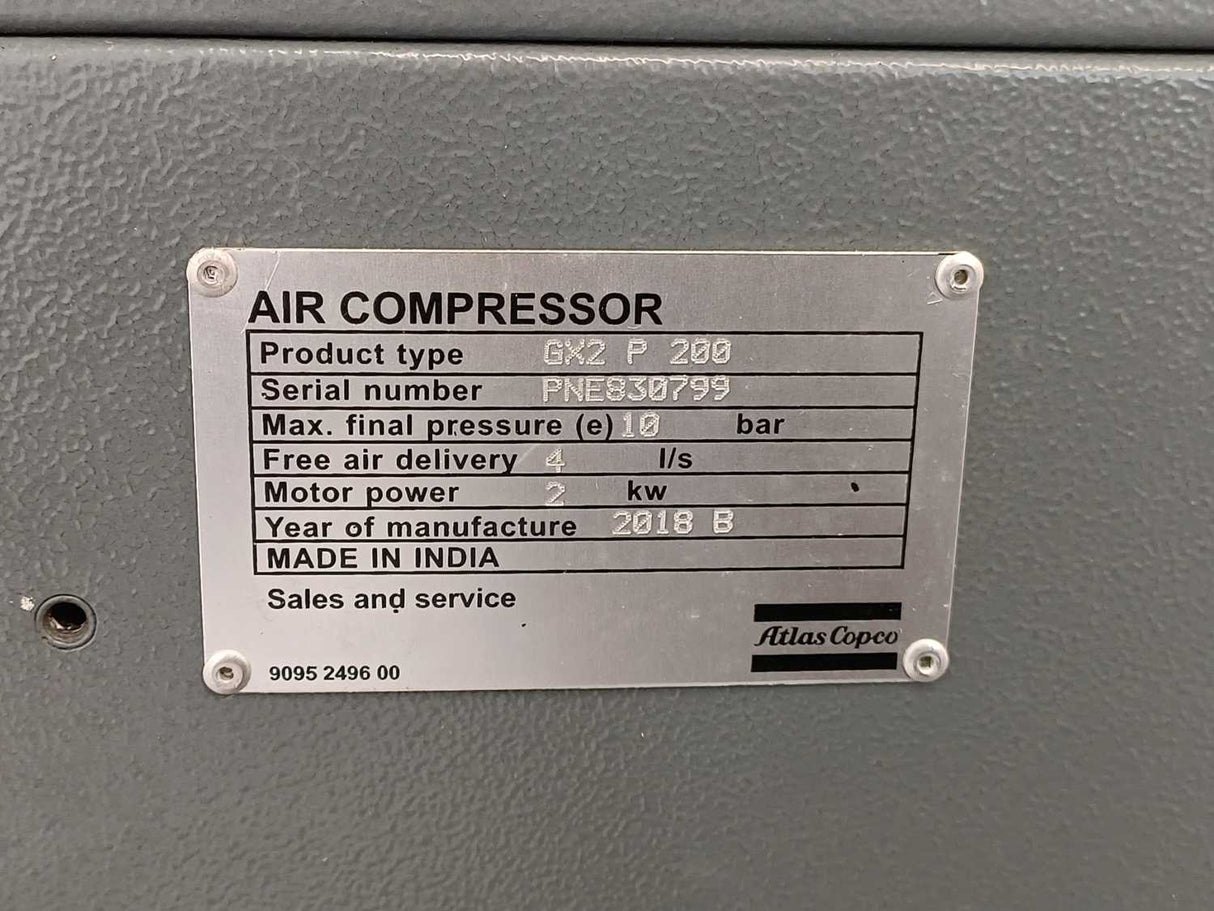 Atlas Copco GX2 9 200 Air Compressor w/ 9097509014 & 9095319982