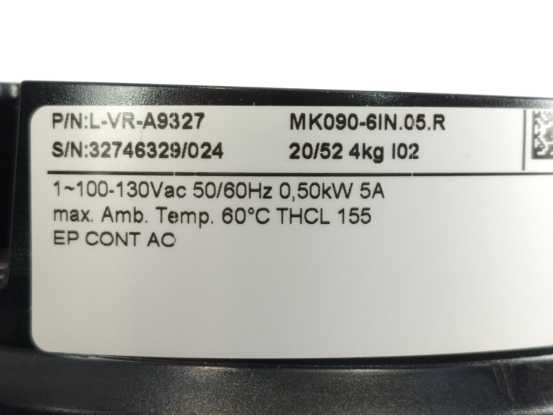 Ziehl-Abegg L-VR-A9327 Motor, MK090-6IN.05.R, 100-130Vac, 50/60Hz, 0.5kW, 5A