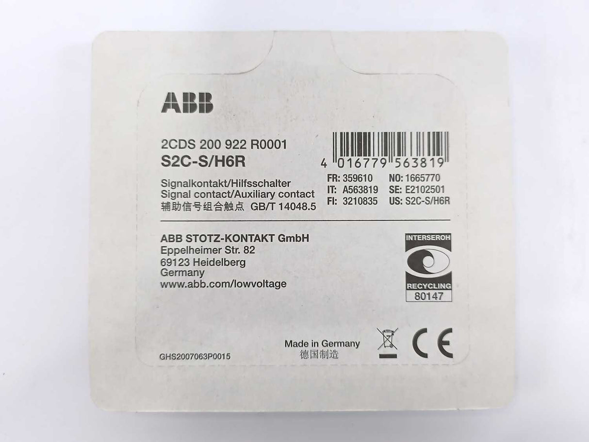 ABB 2CDS200922R0001 S2C-S/H6R Universal Auxiliary/Signal Con, Batch of 2 pcs.