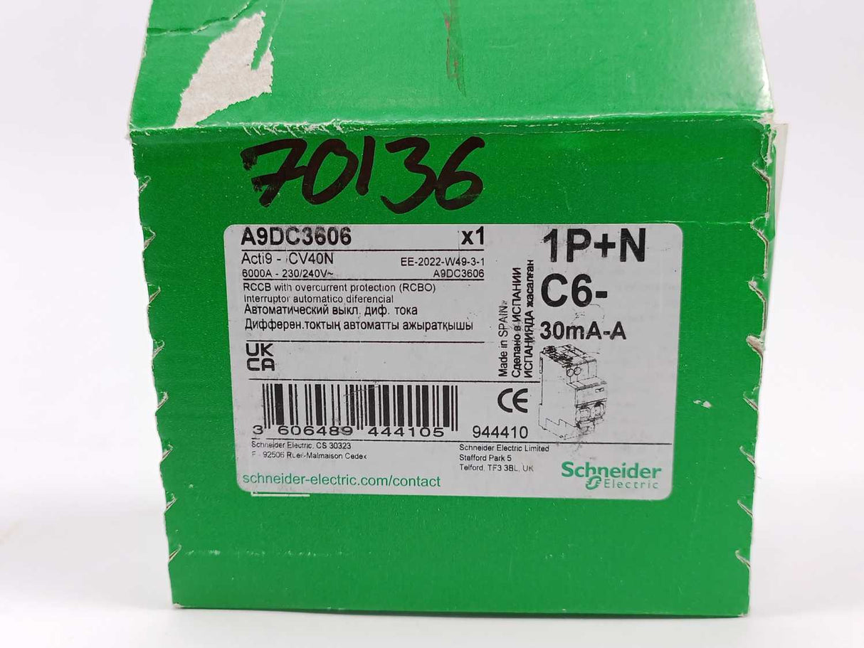 Schneider Electric A9DC3606 Acti9 Residual Current Breaker 1P+N